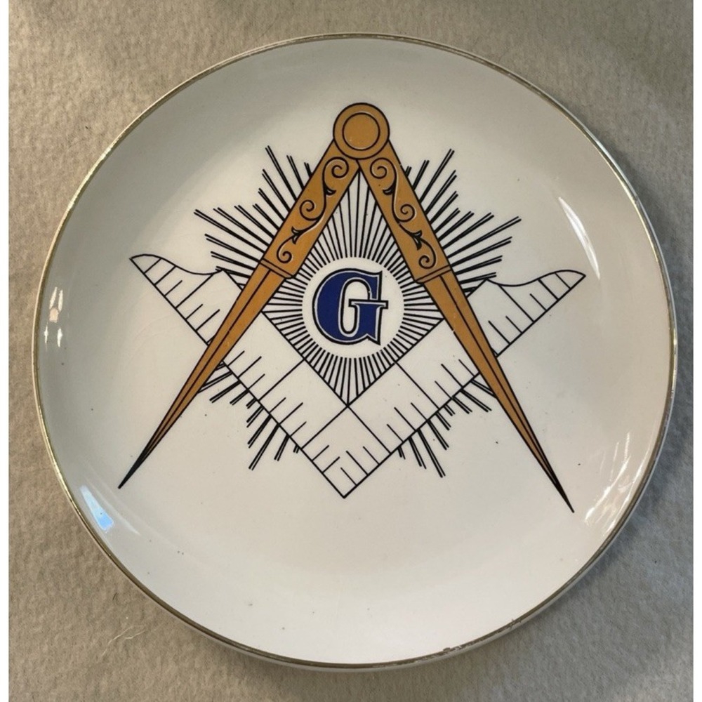 Vintage Sanders Free Mason Plate Square & Compass Ivory With Gold Color Trim
